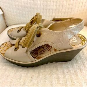 Fly London Lace Up Wedge Gold Sandals 40